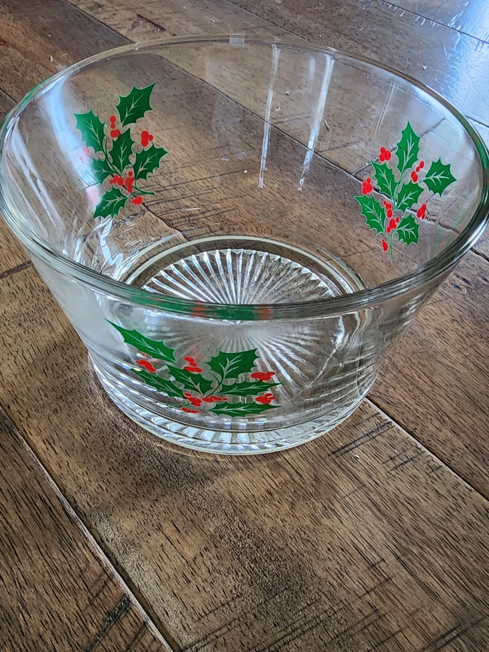 Vtg Indiana Glass Holly Motif Clear Serving Bowl with Green and Red